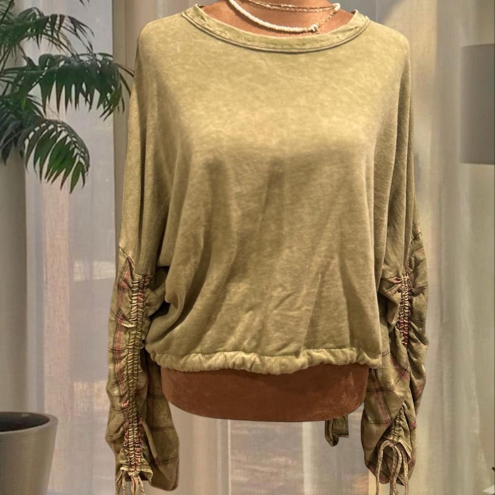 Olive Green Boho long sleeve top with adjustable tie/plaid sleeves